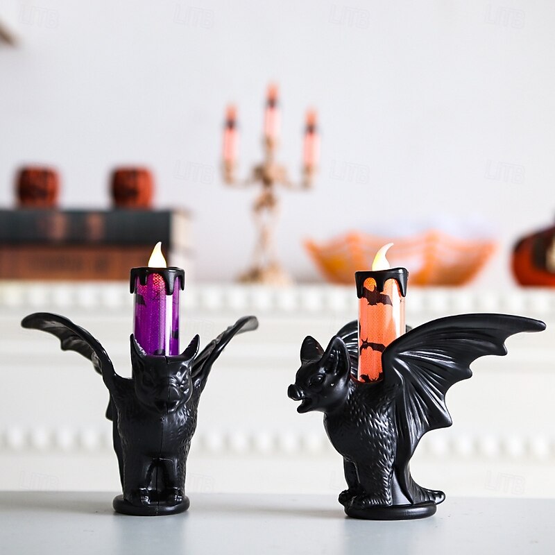 1 Pc Halloween bat glowing LED electronic candle light simulation candle holder decoration light indoor and outdoor party atmosphere decoration light purple orange2