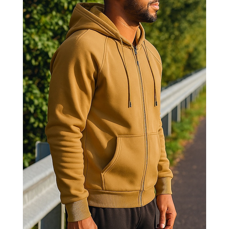 Men's Running Jacket Outdoor Jacket Hooded Jacket Drawstring Pocket Long Sleeve Top Athleisure Solid Colored Thermal Warm Breathable Gym Workout Running Sportswear Activewear Black Green Khaki3