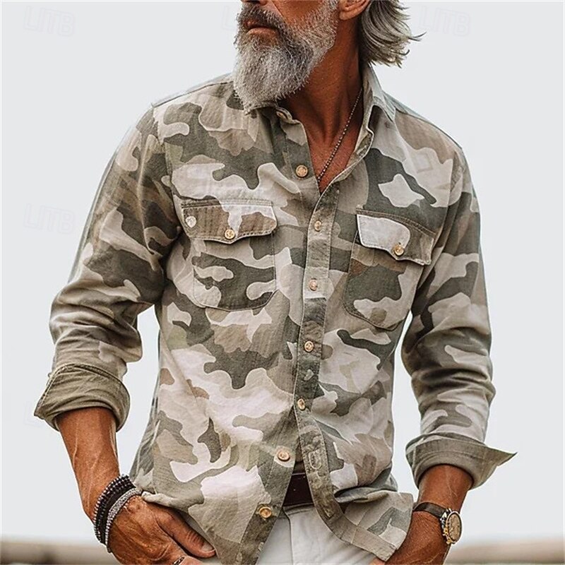 Men's Shirt Summer Shirt Casual Shirt Button Up Shirt Cargo Shirt Navy Blue Green khaki Army Green Gray Long Sleeve Camouflage Lapel Vacation Hawaiian Pocket Clothing Apparel Polyester Fashion Casual