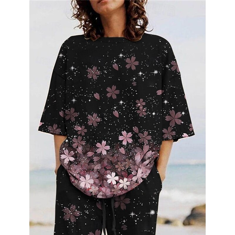 Women's Active Fashion Pants Sets 3/4 Length Sleeve Crew Neck Floral Print Vacation Daily Holiday Black Summer Regular Fit2