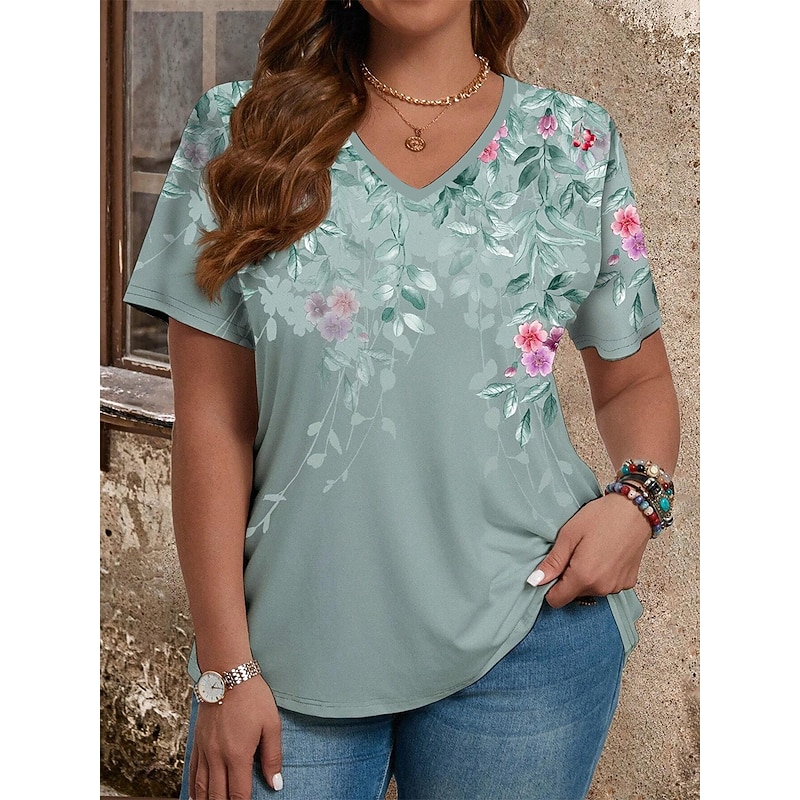 Women's Plus Size Tops T Shirt Floral Print Short Sleeve Crew Neck Casual Daily Polyester Summer Spring Blue Dark Green