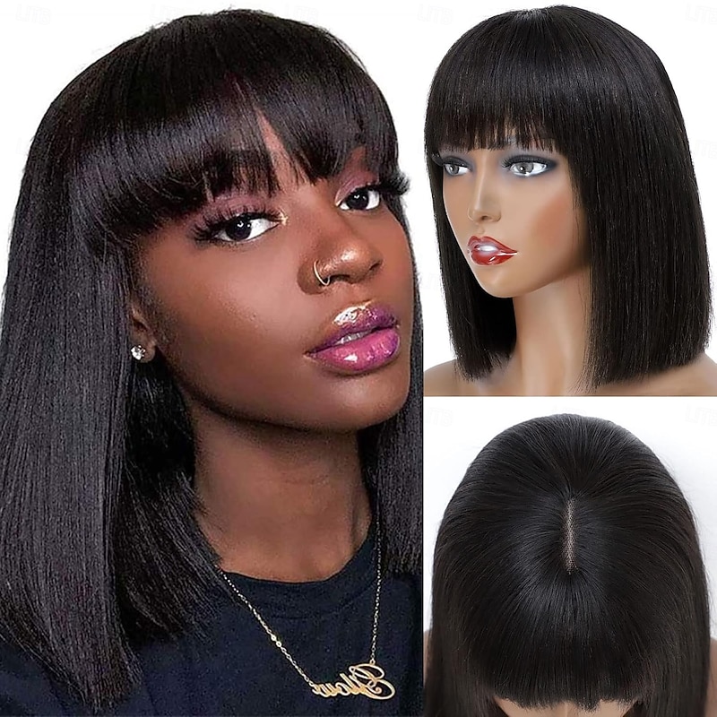 Silky Straight Human Hair Wigs with Bangs None Lace Front Wigs 100% Unprocessed Virgin Human Hair Wigs Machine Made Glueless Wigs