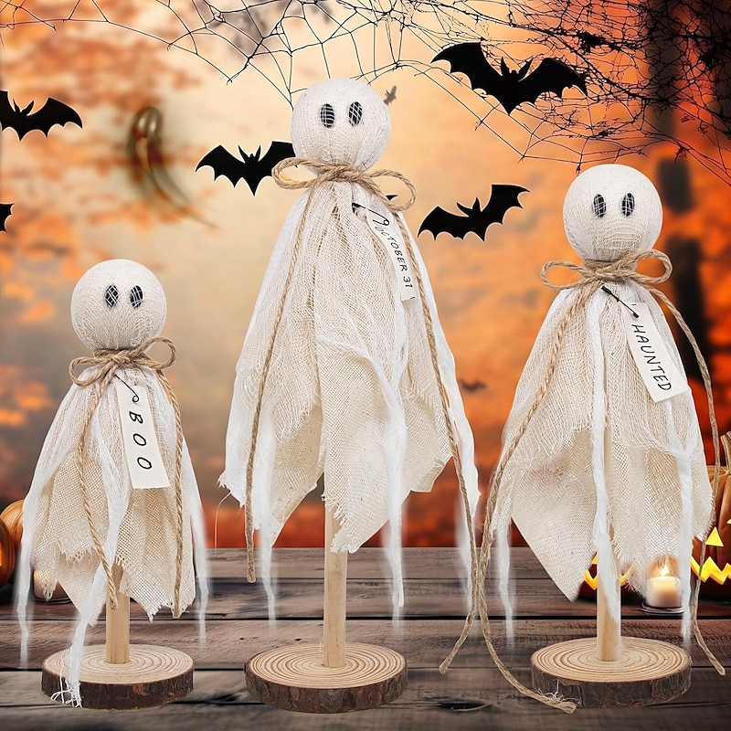 3pcs Halloween Wooden Ghost Decorations Indoor Rustic Shelf Sitters with Fabric Ghost Figures Halloween Table Decor for Tiered Tray, Mantel, Halloween Party Supplies