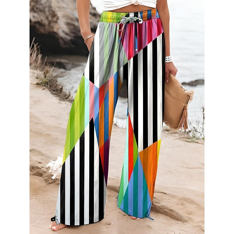 Women's Culottes Wide Leg Wide Leg Chinos Vacation Vintage Ethnic Style Full Length High Waist Graphic Gradient Striped Quick Dry Breathability Soft Inelastic Formal Outdoor Vacation Pinky Black Red3