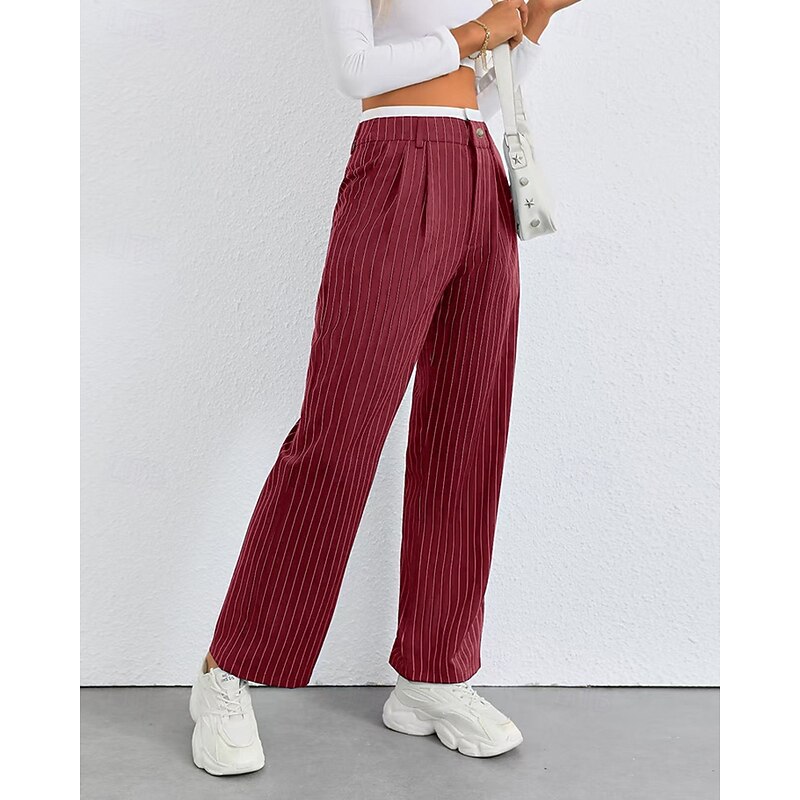 Women's Wide Leg Slacks Pants Trousers Fashion Streetwear Full Length High Waist Striped Pocket Breathability Comfortable Street Daily Wear Going out Wine Black White Navy Blue Summer Spring Regular2