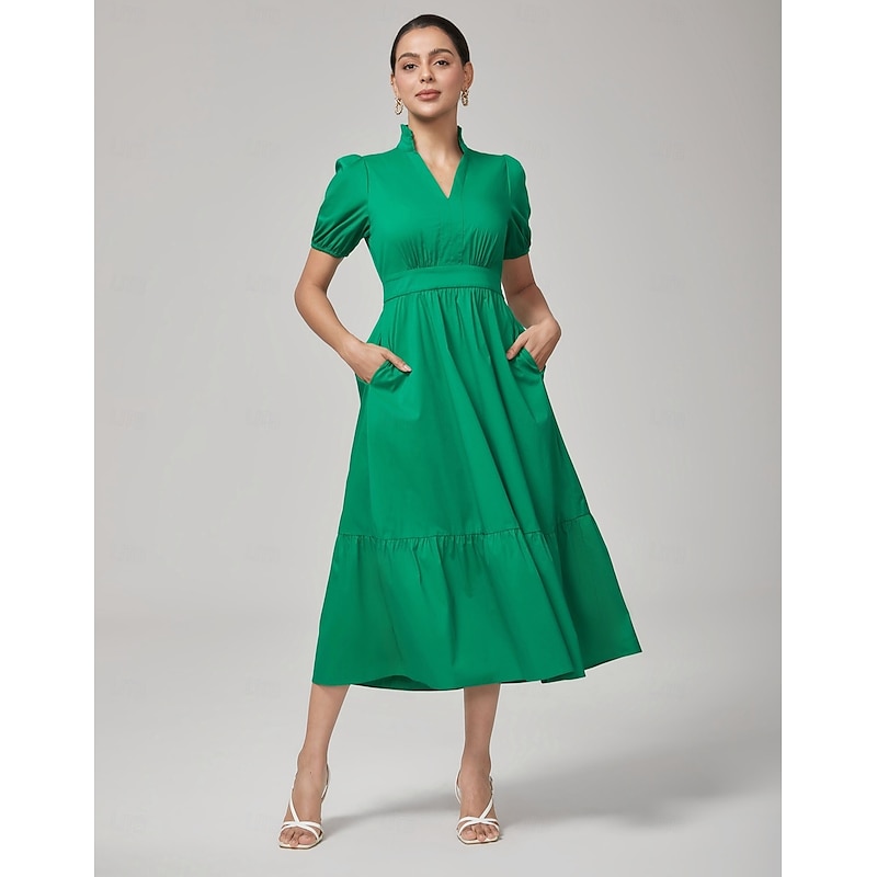 Deep Moss Green Cotton Puff Sleeve Dress