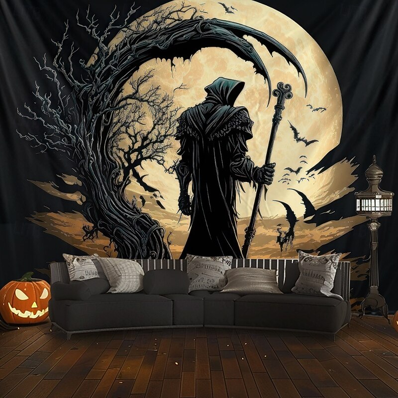 Halloween Hanging Tapestry Death under the Moon Photograph Backdrop Jack O Lantern Wall Art Large Tapestry Mural Decor Blanket Curtain Home Bedroom Living Room Decoration Death Selfie4