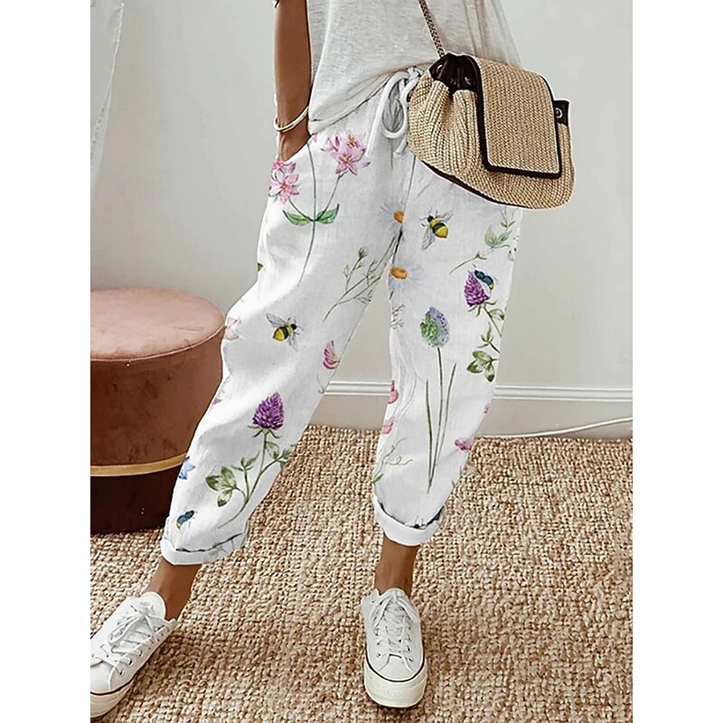 Women's Chinos Pants Trousers Active Casual Daily Long High Waist Floral Pocket Printing Elastic Drawstring Design Breathability Soft Micro-elastic Vacation Street Daily Wear White Spring Fall