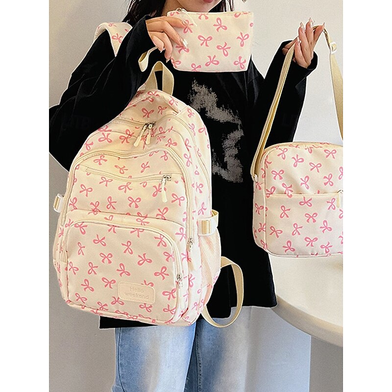Teen Girls 3-Piece School Backpack Set – Lightweight Canvas Bookbag with Cute Pink Bow Print, Large Capacity Shoulder Bag and Pencil Pouch, Perfect for School, Travel and Daily Use3