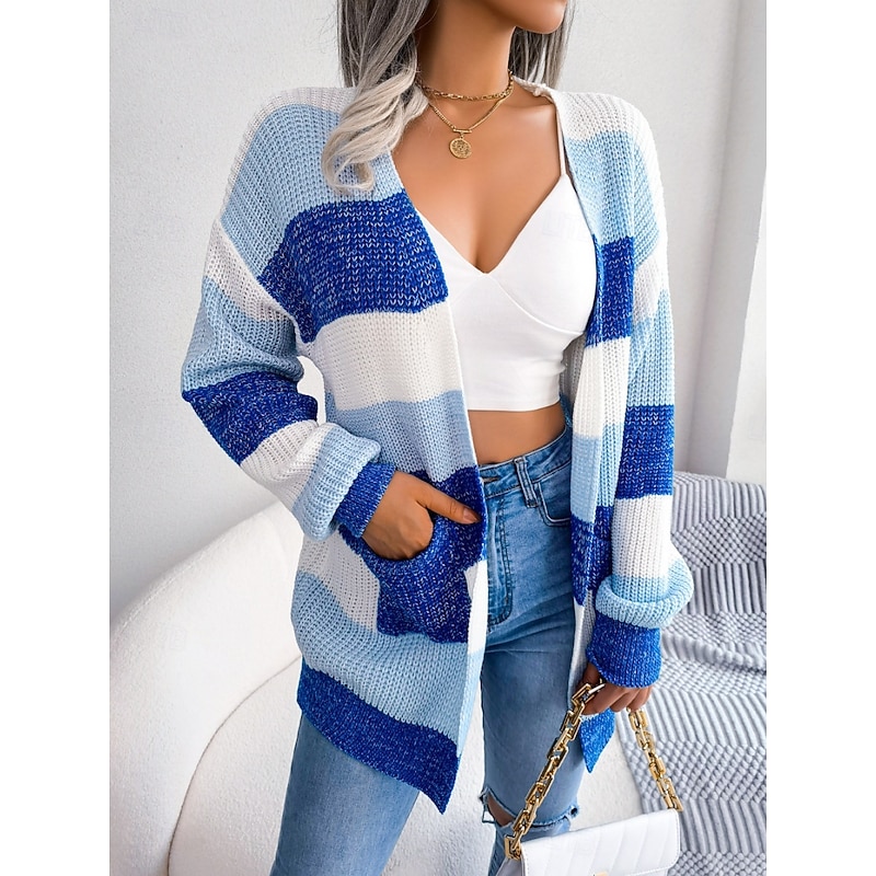 Women's Sweater Cardigan Elegant Fashion Streetwear Striped Pure Color Open Front Knitted Long Sleeve Regular Tops Knit Outdoor Daily Weekend Black Wine Fall Winter