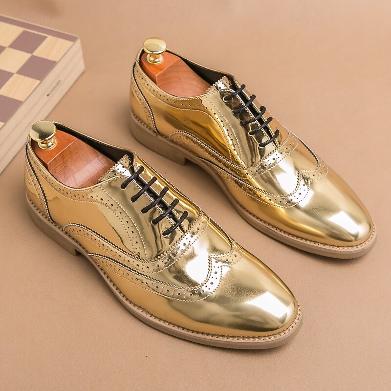 Men's Shiny Gold Oxford Dress Shoes – Wingtip Brogue Style Formal Shoes for Weddings, Parties & Stage Performance3