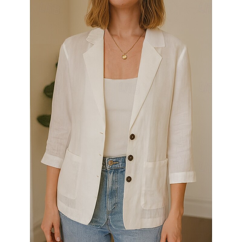 Women's Blazer Comfortable Breathable Pocket Casual Plain Office Street Casual Daily Wear Single Breasted Regular Turndown Regular Fit Long Sleeve Outerwear Black White Summer