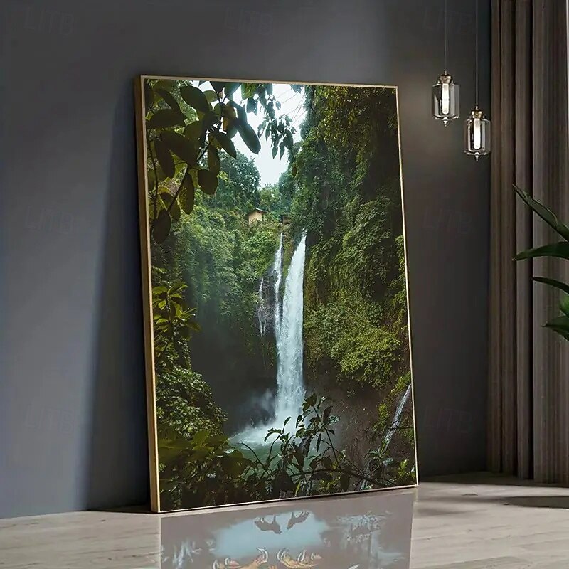 1 Frameless Canvas Art Print - Lush Forest Waterfall Scene With Mediterranean House - Modern Wall Decoration In Living Room Bedroom Dining Area - Vibrant Natural Inspiration Poster Large Canvas Wal3