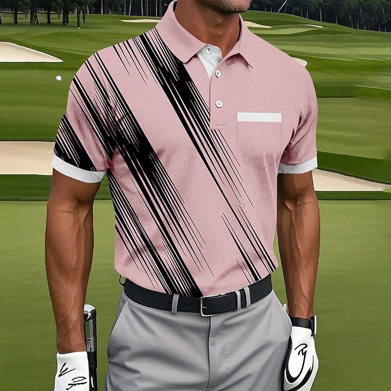 Men's Geometic Line Polo Short Sleeve Polo Shirts Collared Shirts Business Casual Outdoor Athleisure Daily Wear Pocket 3D Print Buttons Summer White Pink Blue