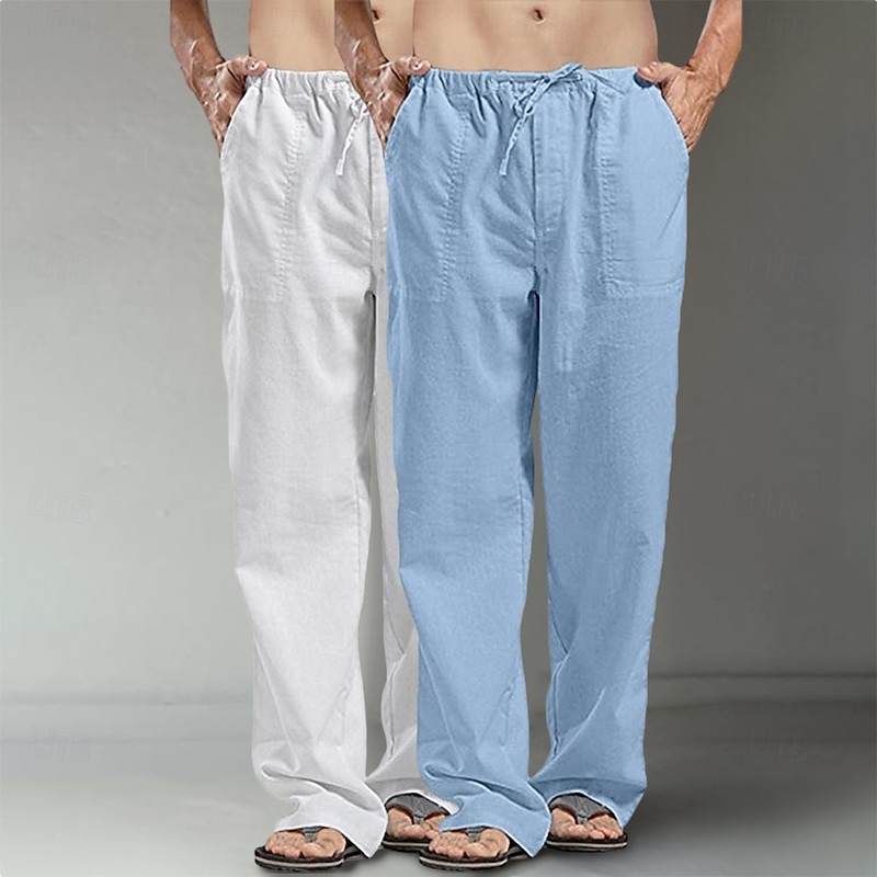 Men's Linen Pants Trousers Summer Pants Baggy Pants Beach Pants Pocket Drawstring Straight Leg Plain Comfort Breathable Full Length Daily Streetwear Fashion Casual / Sporty Black+Navy Blue Navy2