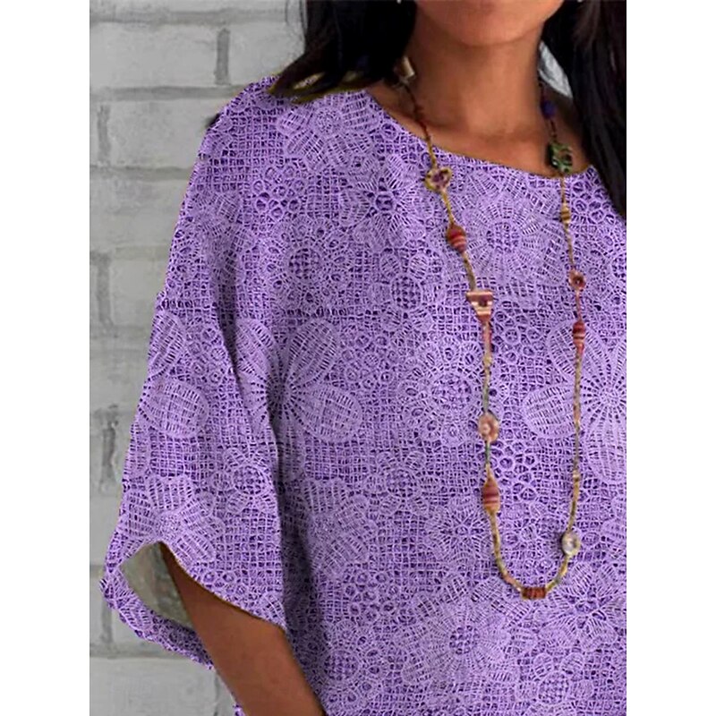 Women's T Shirt Floral Graphic Vintage Classic Casual 3/4 Length Sleeve Crew Neck Round Neck Regular Tops Daily Weekend Beach Wear Print Purple Summer Spring Fall2