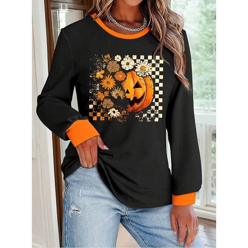 Halloween Women's Pullover Sweatshirt Pumpkin Graphic Casual Long Sleeve Crew Neck Round Neck Regular Tops Street Casual Holiday Print Black Purple Orange Spring Fall Winter3