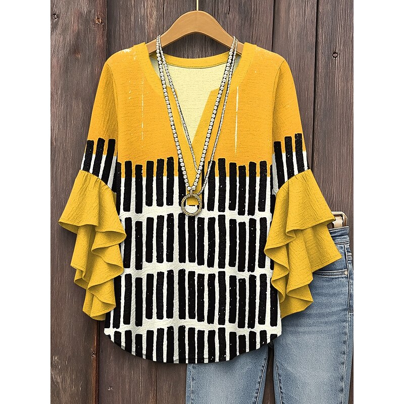 Women's Blouse V Neck Graphic Geometric Striped Elegant Bohemia Ethnic 3/4 Length Sleeve Regular Tops Daily Holiday Vacation Wear Ruffle Print Yellow Red Light Brown Blue Summer Spring Fall4
