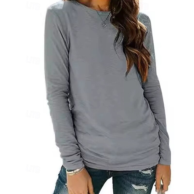 Women's Texture Blouse T Shirt Plain Fashion Modern Long Sleeve Crew Neck Regular Tops Daily Black Wine Gray Summer3