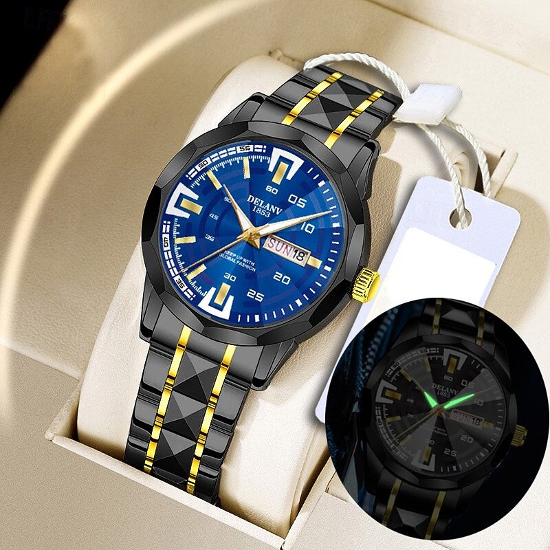 Men Quartz Watch Large Dial Sports Casual Business Luminous Calendar Date Week Waterproof Stainless Steel Watch