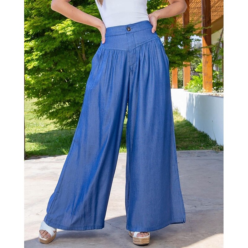 Women's Wide Leg Slacks Casual Full Length Natural Plain Side Pockets Comfy Breathability Casual Daily Blue Light Blue Spring Fall Loose Fit3