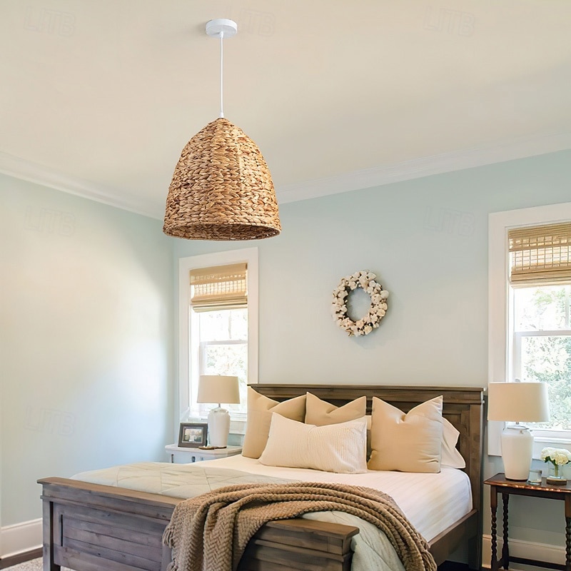 Country Vintage Pendant Light, Rattan Material, 46cm Height, Warm White/White Light, E26 E27, Adjustable Chain2