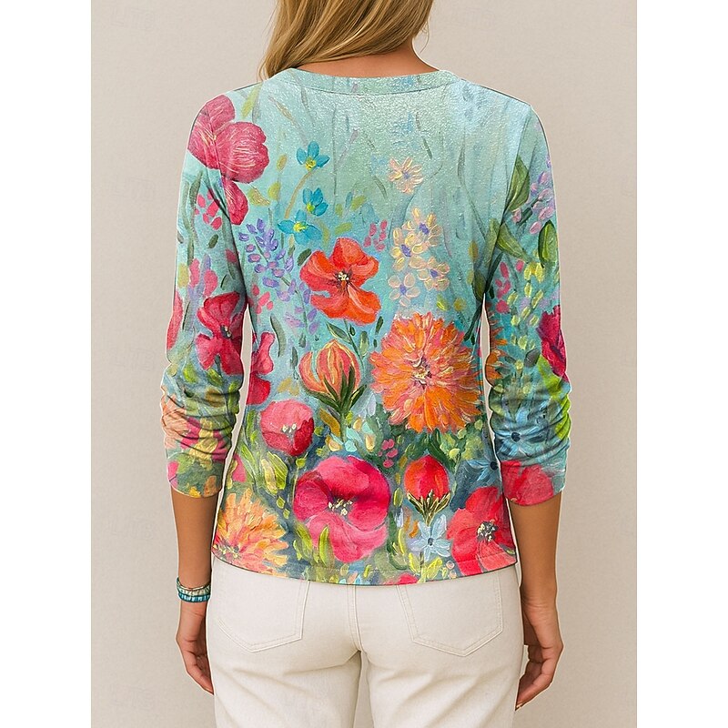 Women's T Shirt V Neck Long Sleeve Tunic Graphic Geometric Vintage Stylish Classic Regular Tops Daily Print Pink Green Summer Spring Fall4