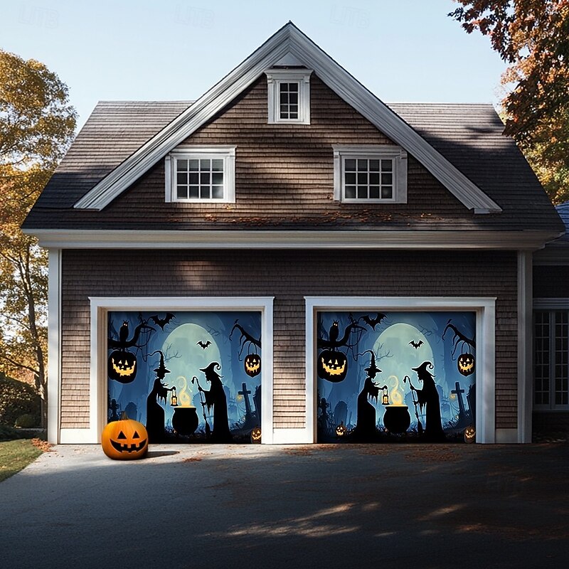 Halloween Garage Door Cover Banner Backdrop – Oversized Skeleton Moon Scene with Pumpkins, Includes Ropes and Hooks, Outdoor Decoration for 2025 Halloween Home Front Yard4