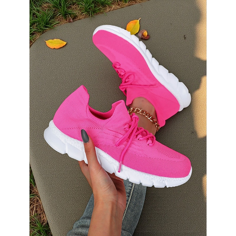 Women's Rose Pink Flyknit Sneakers – Lightweight Breathable Running Shoes for Jogging, Gym and Casual Outdoor Sports