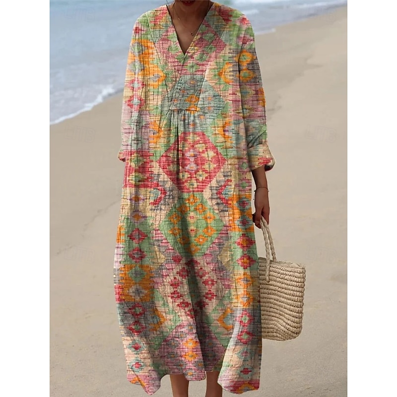 Women's Midi Dress V Neck Long Sleeve Kaftan Lightweight Loose Fit A Line Dress Casual Going out Loose Fit Floral Graphic Paisley Long Sleeve V Neck Navy Pink Red Blue Fall
