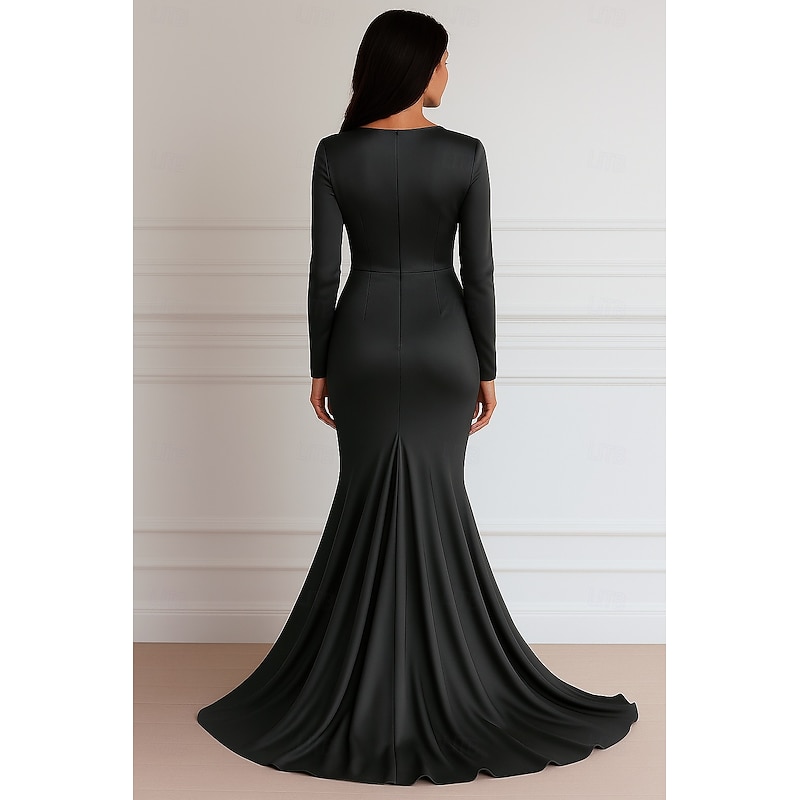 Mermaid / Trumpet Evening Gown Elegant Dress Formal Wedding Floor Length Long Sleeve V NeckDress Stretch Satin with Pleats3