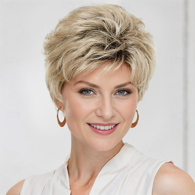 Cover Girl WhisperLite Wig Pretty Short Wig with Piecey Bangs and Textured Layers/Multi-Tonal Shades of Blonde Silver Brown and Red