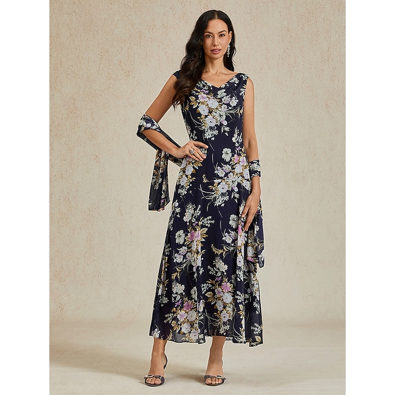 Women's Maxi long Dress Chiffon Dress Elegant Vacation Birthday Date Beach Regular Fit Floral Graphic Sleeveless Cowl Neck Navy Blue Summer Spring Fall