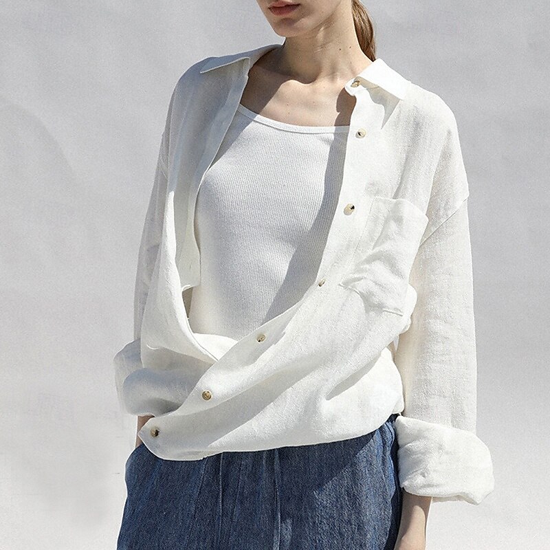 Women's 100% Linen Shirt Solid Color Elegant Vintage Daily Long Sleeve Shirt Collar Regular Tops Work Daily Holiday Big white Summer Spring Fall