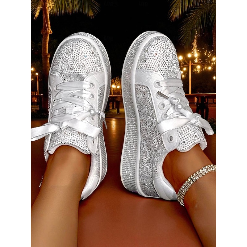 Women's Sparkly Rhinestone Lace-Up Sneakers - Glamorous Casual Party Shoes for Nightlife, Clubbing and Evening Events4