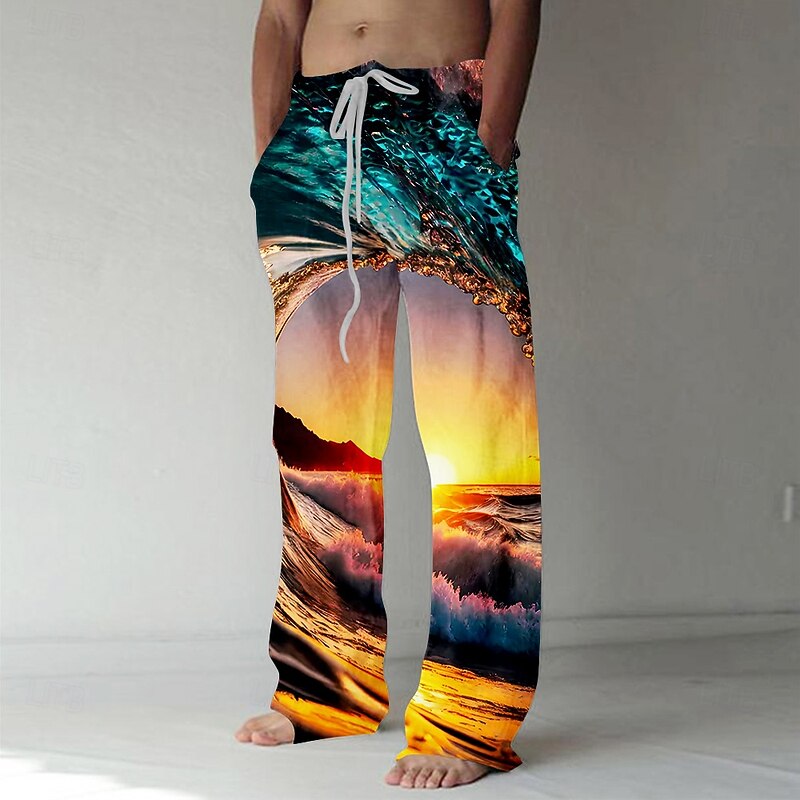 Men's Trousers Baggy Pants Casual Pants Elastic Drawstring Waist Linen-Like Pants with Pockets Optical Illusion Landscape Sunset Full Length Outdoor Vacation Hawaiian Black Inelastic