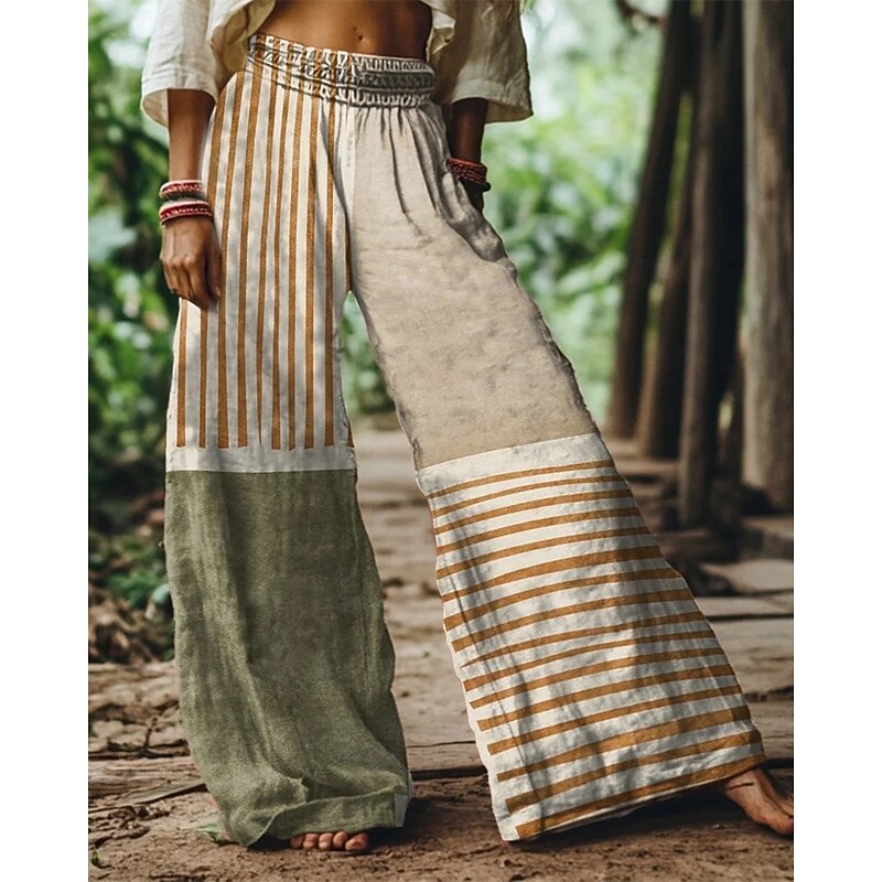 Women's Wide Leg Pants Trousers Palazzo Pants Fashion Boho Full Length High Waist Striped Elastic Waist Breathability Comfortable Street Daily Wear Going out Red Blue Green Spring Fall Regular Fit3
