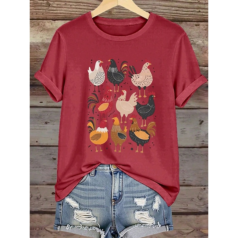 Women's T Shirt Graphic Animal Rooster Vintage Stylish Classic Short Sleeve Round Neck Regular Tops Daily Print Black Red Green Summer4