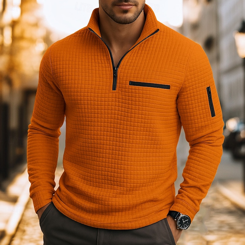 Men's Waffle Polo Shirts Casual Quarter Zip Long Sleeve Fashion Comfortable Color Block Zip Up Pocket Fall Spring &  Fall Regular Fit White Black Blue Orange Waffle Polo Shirts
