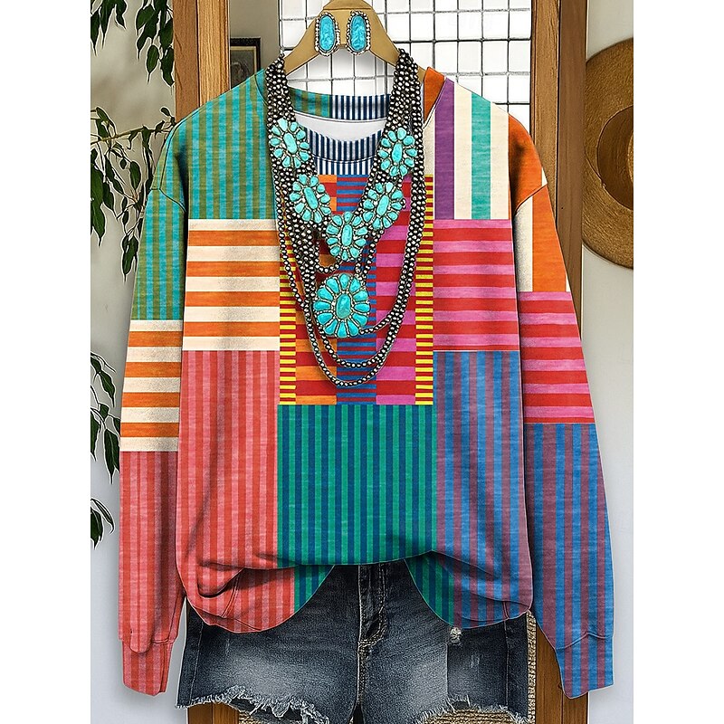 Women's Sweatshirts Graphic Striped Casual Long Sleeve Crew Neck Regular Tops Street Dailywear Casual Print Yellow Red Blue Purple Fall Winter