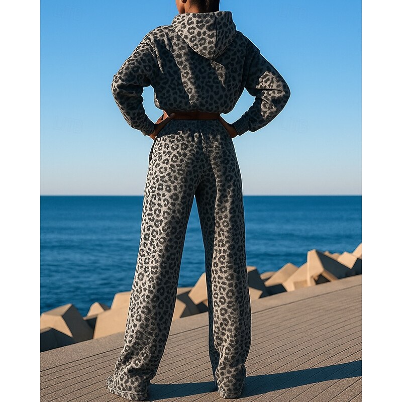 Women's Lounge Outfits  Sports Leisure Suits Drawstring Pocket Leopard Clothing Suit Spring Black Hiking Workout Athletic Windproof Lightweight Moisture Wicking Long Sleeve Sport Activewear2