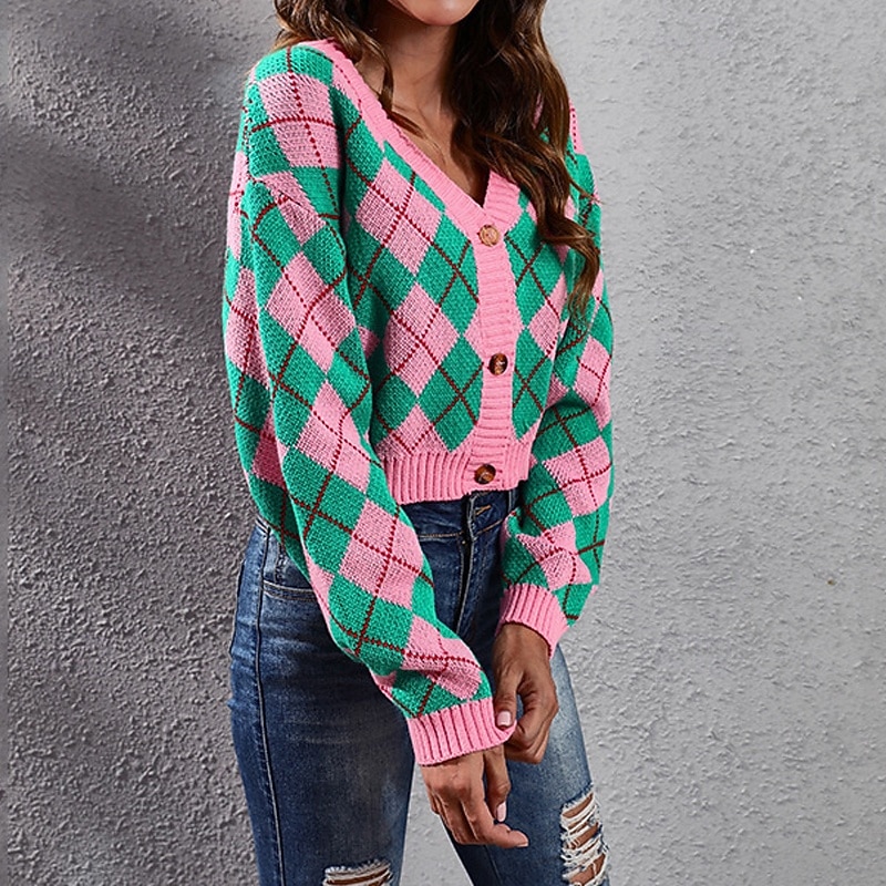 Women's Cardigan Casual Plaid Chunky V Neck Knitted Long Sleeve Crop Tops Knit Daily Holiday Going out Pink Apricot Fall Winter3