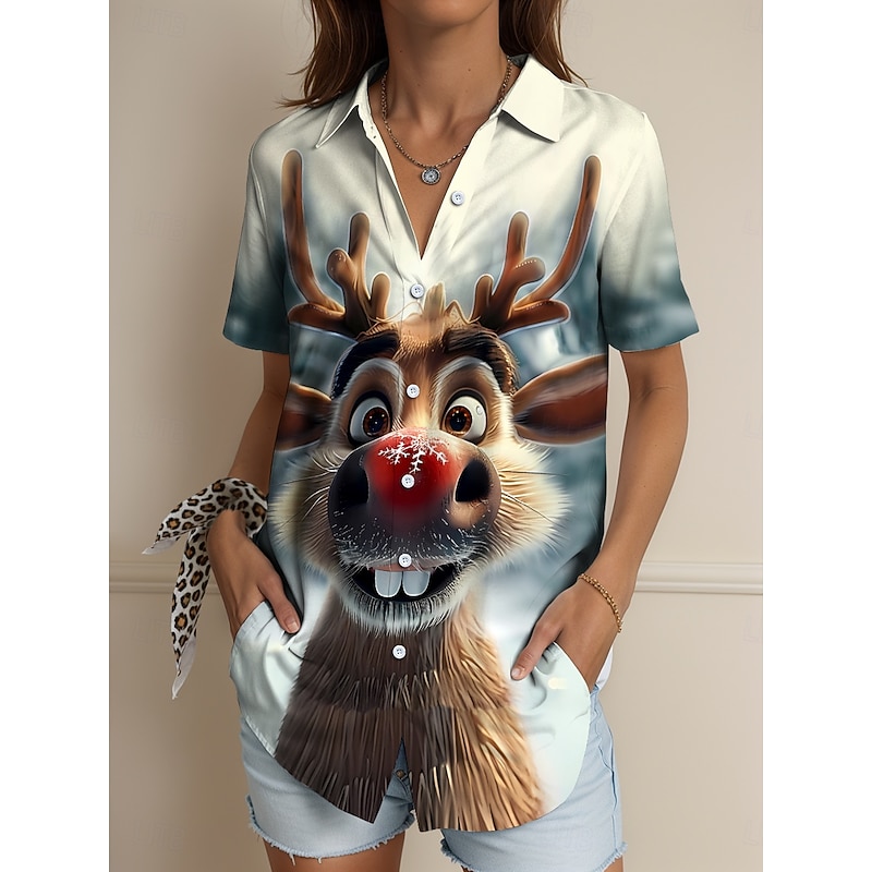Christmas Women's Shirt Long Sleeve Button Down Blouse Graphic Animal 3D Vintage Tropical Daily Sleeveless Short Sleeve Shirt Collar Regular Tops Daily Sage Green Brown Green Summer Spring Winter