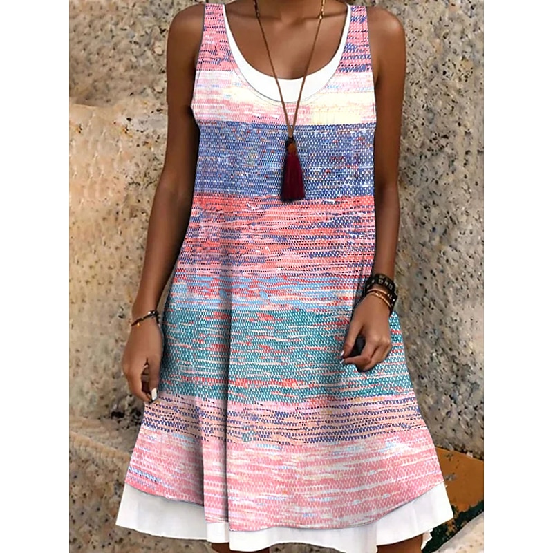Women's Mini Dress Sundress A Line Dress Off The Shoulder Dress Vacation Casual Boho Daily Loose Fit Graphic Geometric Sleeveless Crew Neck Pink Blue Purple Green Summer Spring Fall