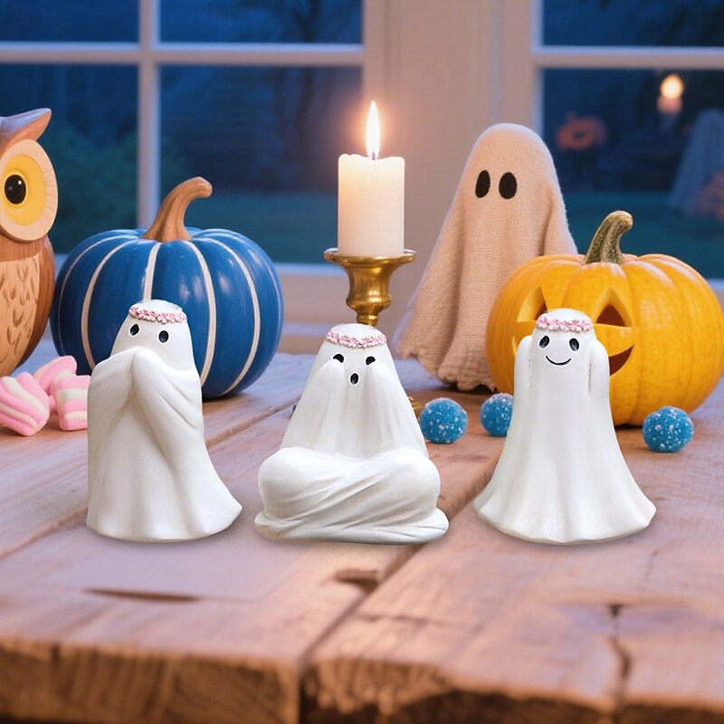 3pcs Halloween Resin Cute Ghost Decoration Figurines Set See No Evil, Hear No Evil, Speak No Evil Statues, Spooky Outdoor Yard, Lawn, Planter, and Desktop Home Decorations4