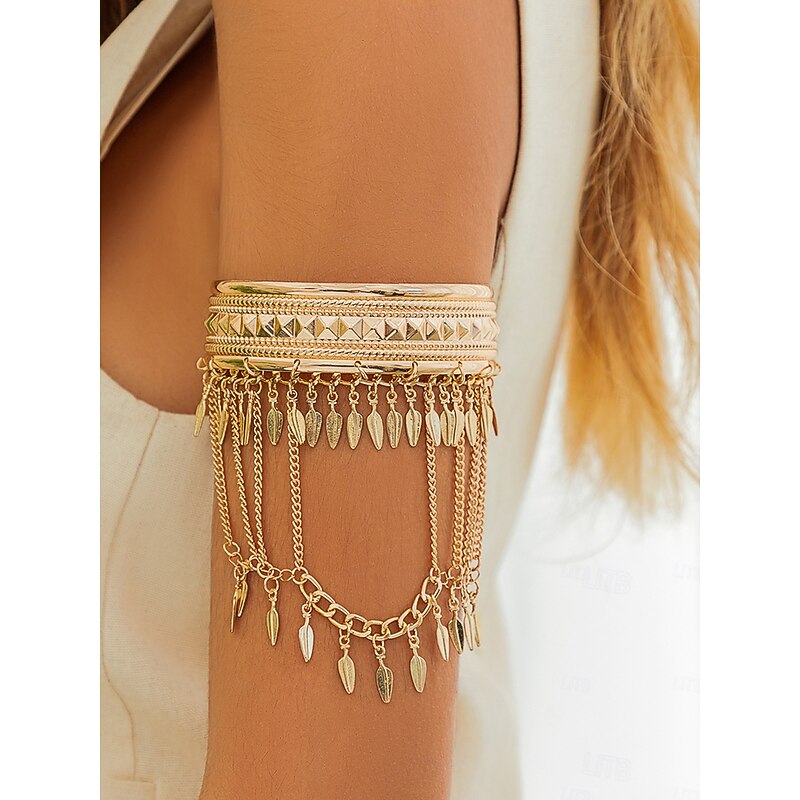 Women's Gold Layered Arm Cuff Bracelet with Leaf Charms - Boho Statement Jewelry for Parties and Festivals
