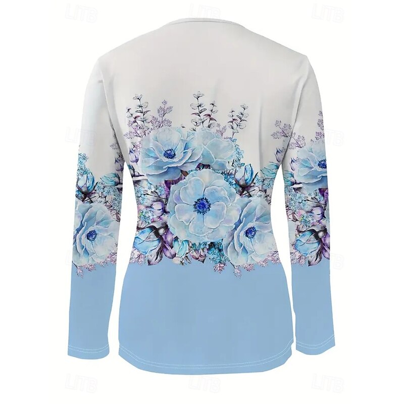 Women's T Shirt Quarter Zip Long Sleeve Casual Floral Graphic Elegant Vintage Stylish V Neck Regular Tops Daily Blue Green Spring Fall2