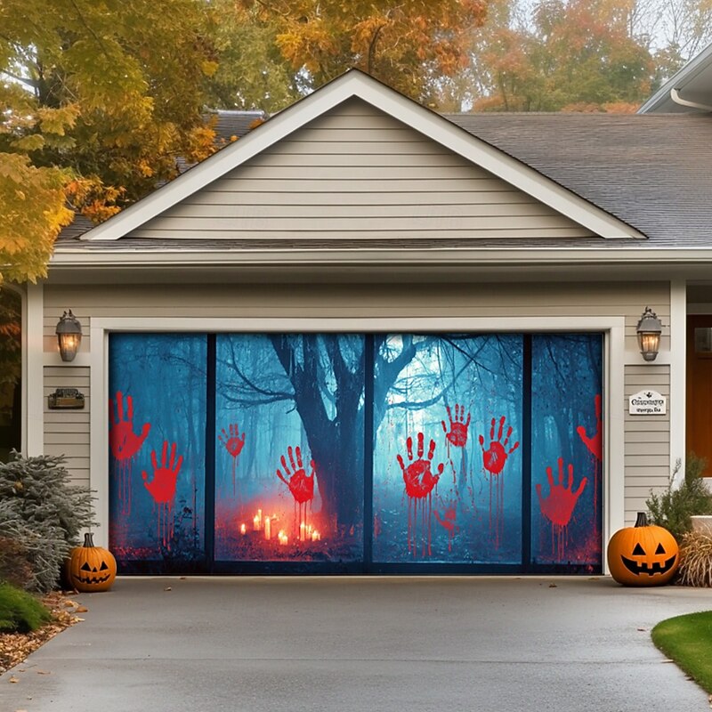 Halloween Garage Door Cover Pumpkin Outdoor Banner Scary Vintage Door Large Backdrop Decoration for Holiday Outdoor Garage Door Home Wall Decorations