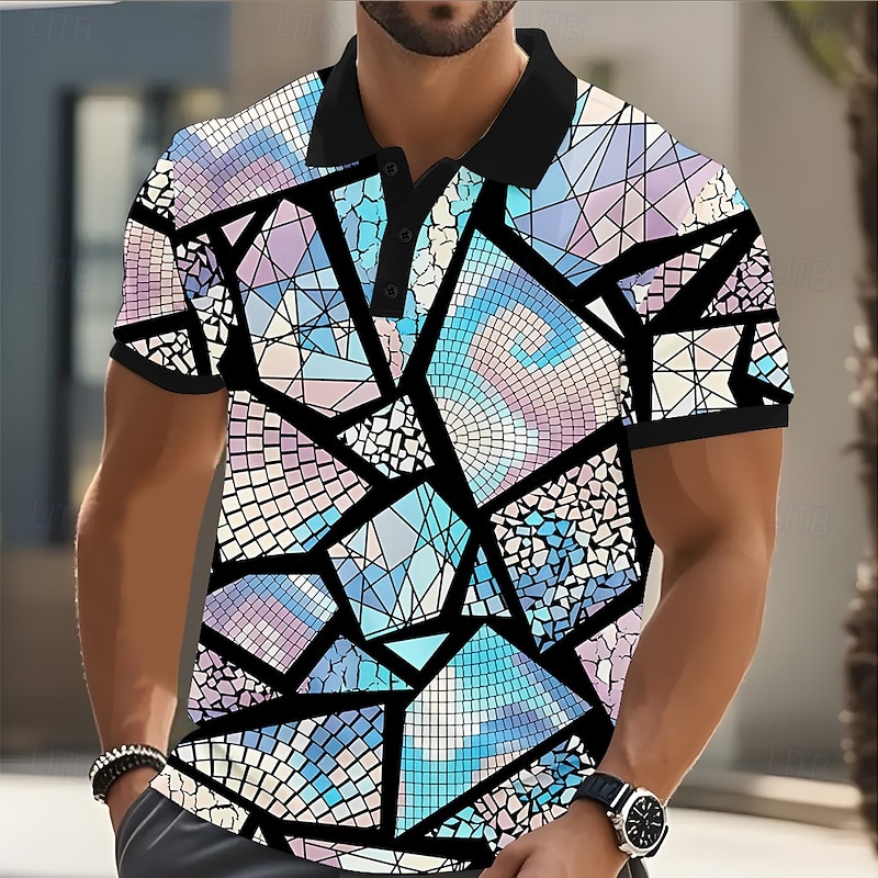 Men's Abstract Geometic Polo Short Sleeve Polo Shirts Collared Shirts Casual Athleisure Daily Wear Streetwear Buttons Summer Blue Purple Orange4