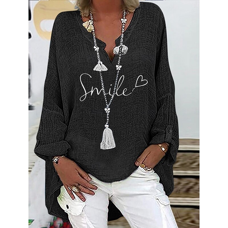 Women's Cotton Shirts Letter Basic Casual Long Sleeve V Neck Regular Tops Daily Print Black Navy Blue Sky Blue Summer Spring Fall2